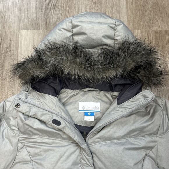 Columbia Omni Shield Puffer Jacket Womens Medium Hooded Down Faux Fur Gray Coat - Picture 2 of 13